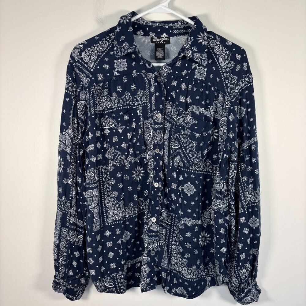 WRANGLER RETRO Long Sleeve Button Up Blouse Womens S Rayon Navy Paisley Western